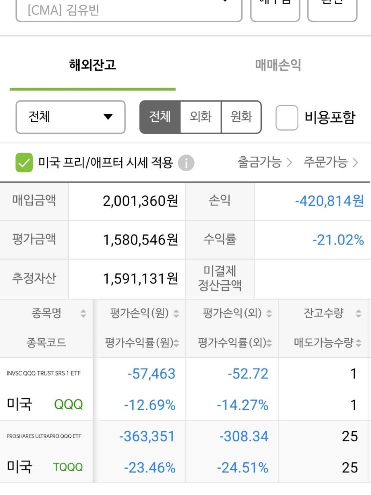  내 주식잔고 인증 ETF QQQ TQQQ 미국주식 길고긴 여정