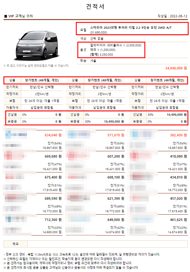 2023 스타리아 2.2 디젤 투어러 모던 (9인승) 장기렌트 모의견적, 8월 생산일정, 가격표