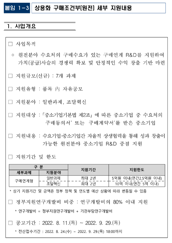 상용화 기술개발(구매조건부 구매연계형)(2022년 원전 분야 중소기업 기술개발지원 통합 공고)