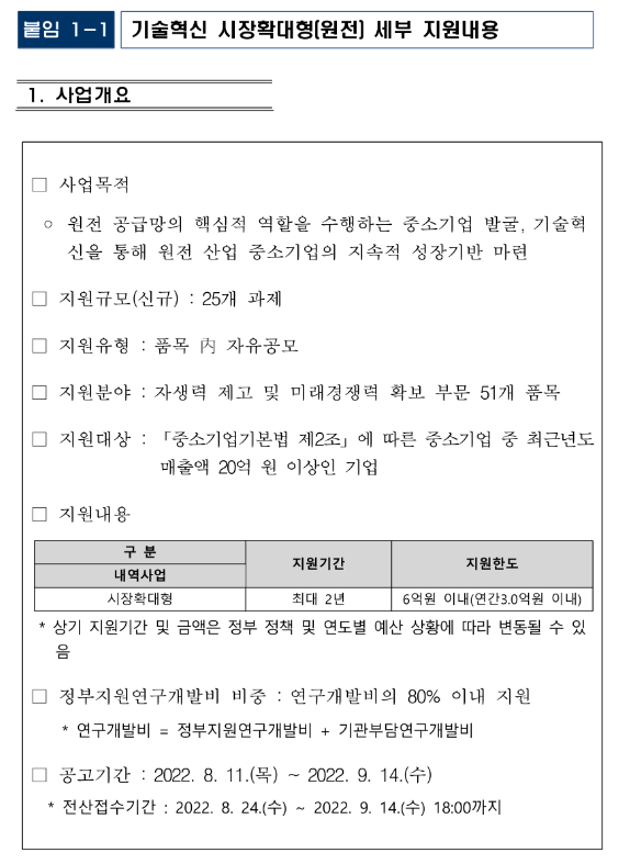 중소기업기술혁신개발(시장확대형)(2022년 원전 분야 중소기업 기술개발지원 통합 공고)