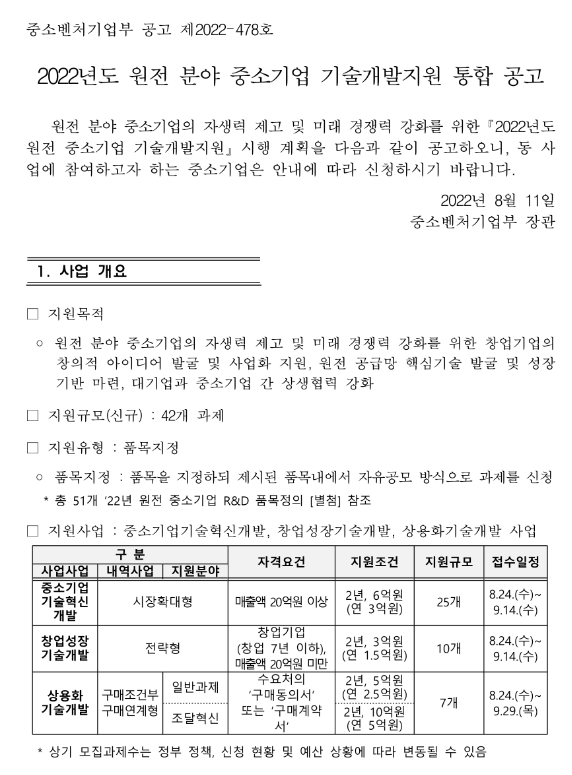2022년 원전 분야 중소기업 기술개발지원 통합 공고_중소벤처기업부 2022년 원전 분야 중소기업 기술개발지원 통합 공고_중소벤처기업부
