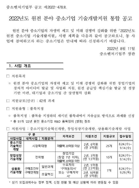 2022년 원전 분야 중소기업 기술개발지원 통합 공고_중소벤처기업부