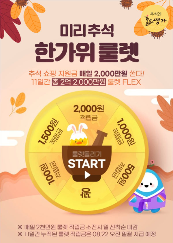 홈앤쇼핑 적립금 룰렛이벤트(랜덤~2,000원)~08.21까지