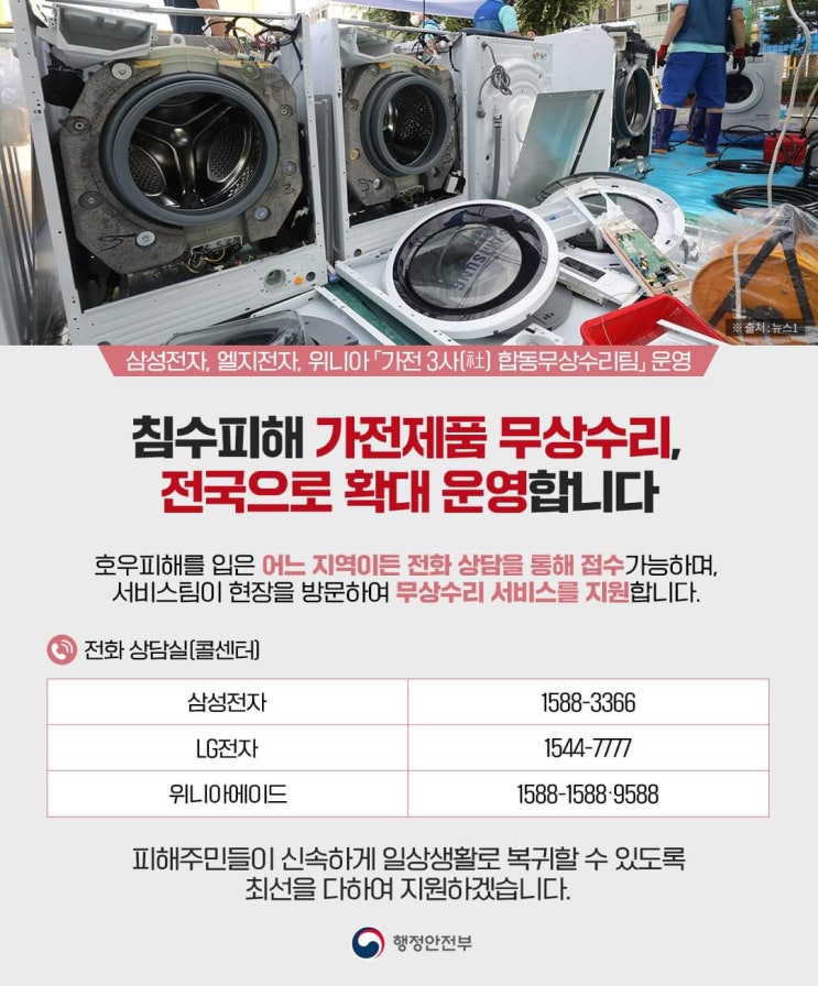  침수 피해 가전제품 무상수리 콜센터 (삼성전자 / LG전자 / 위니아에이드)