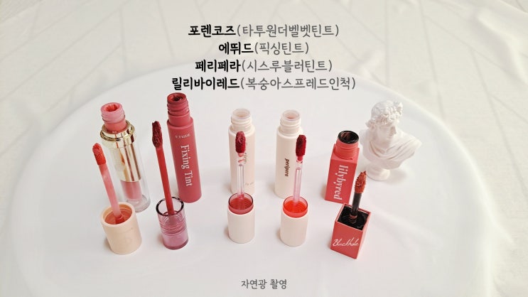  포렌코즈(틴지) 에뛰드(크랜베리플럼) 페리페라(컴피무브,워시드레드) 릴리바이레드(복숭아스프레드인척) 틴트 후기 및 쿨톤립 꿀조합 TOP 2