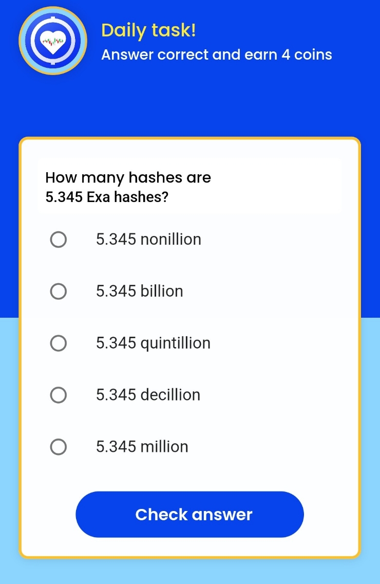 Remint daily tasks(레민트 일일퀴즈) - How many hashes are 5.345 Exa Hashes? 5.345 Exa 해시는 몇 개입니까?