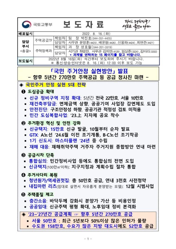 어흥 부동산정보 22년 8.16 보도자료 (국민주거안정 실현방안)