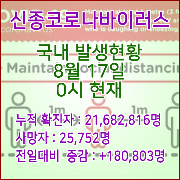  코로나19(코로나바이러스) 8월 17일 0시 신규확진자 180,236명 / 사망자 25,752명