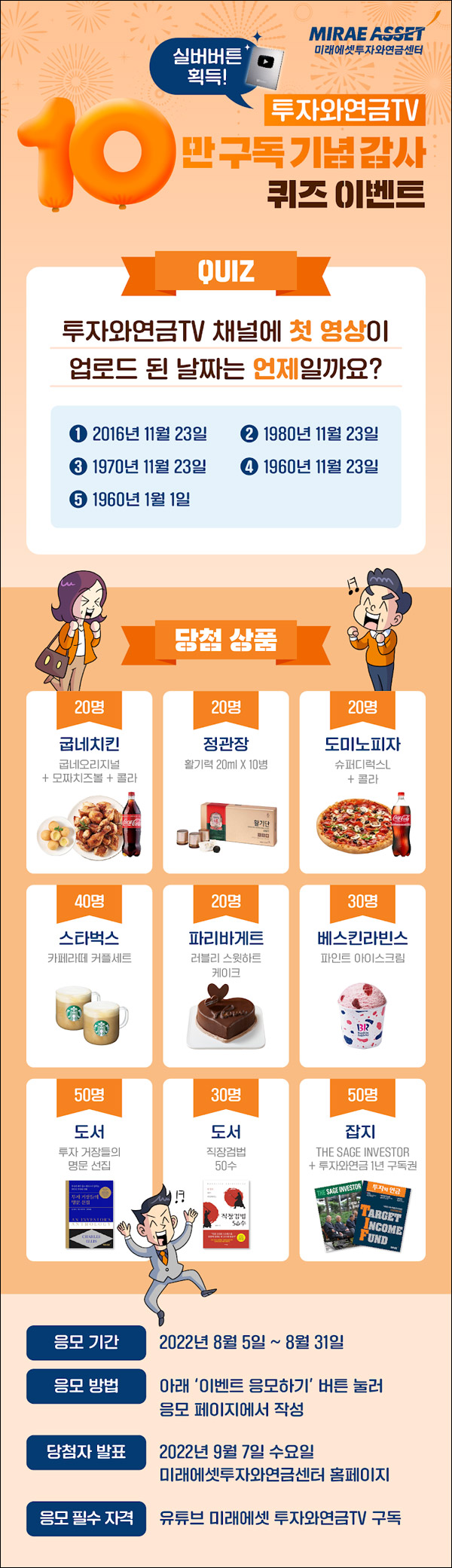 미래에셋 10만구독기념 퀴즈이벤트(스벅세트등 280명)추첨 미래에셋 10만구독기념 퀴즈이벤트(스벅세트등 280명)추첨
