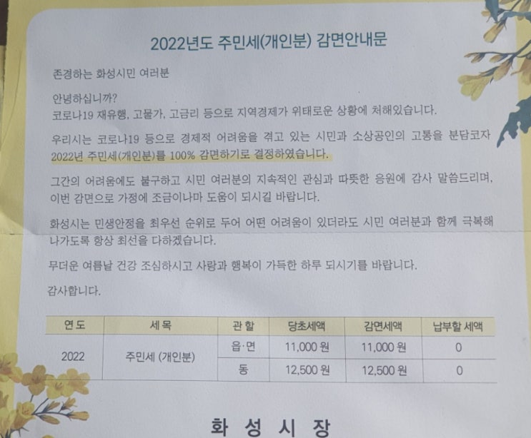 화성시 주민세 감면! 화성시 주민세 감면!