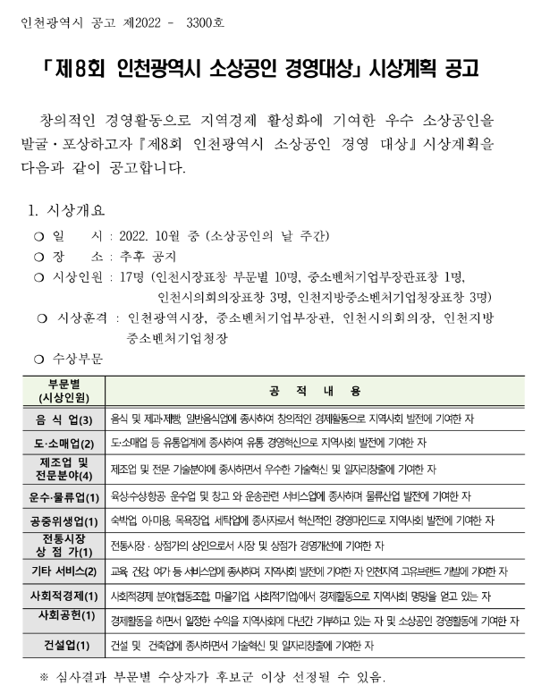 [인천] 제8회 인천광역시 소상공인 경영대상 시상계획 공고