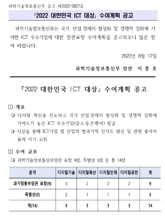 2022년 대한민국 ICT 대상 수여계획 공고 2022년 대한민국 ICT 대상 수여계획 공고