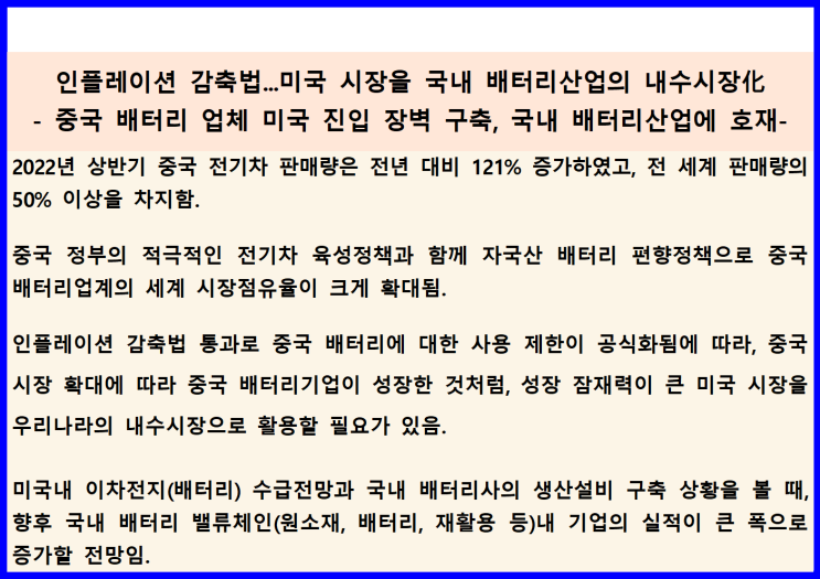  인플레이션 감축법...미국 시장을 국내 배터리산업의 내수시장化(중국 배터리 업체 미국 진입 장벽 구축, 국내 배터리산업에 호재)