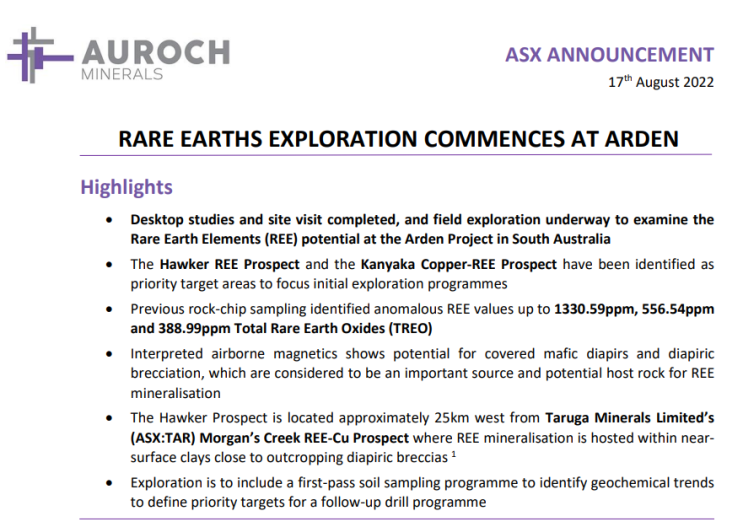  호주 탐사 회사 Auroch Minerals, 남호주에 위치한 희토류 Arden 프로젝트 시작