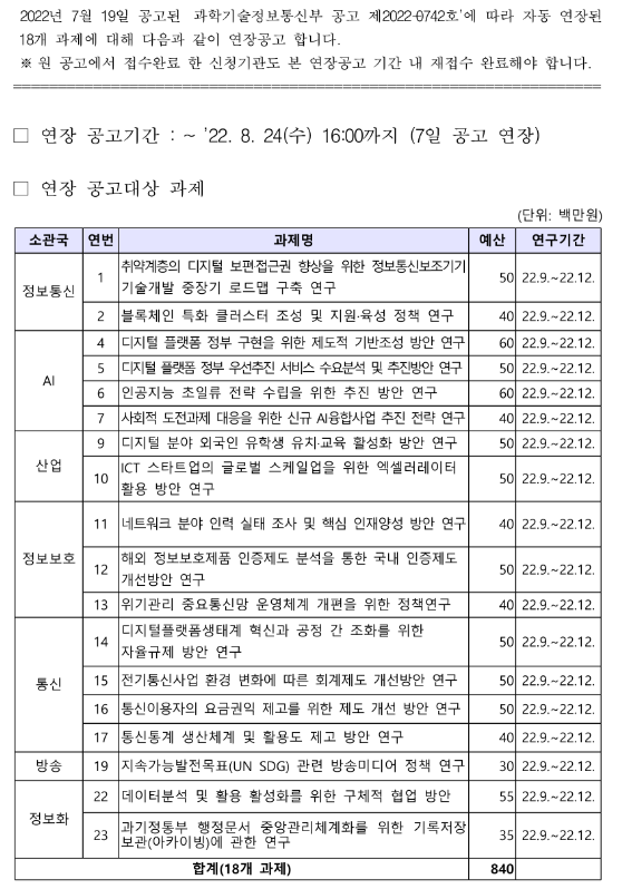 2022년 하반기 방송통신정책연구(R&D) 신규과제 재공고_과학기술정보통신부