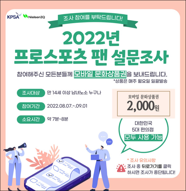 2022 프로스포츠팬 설문조사이벤트(문상 2,000원 100%)전원증정