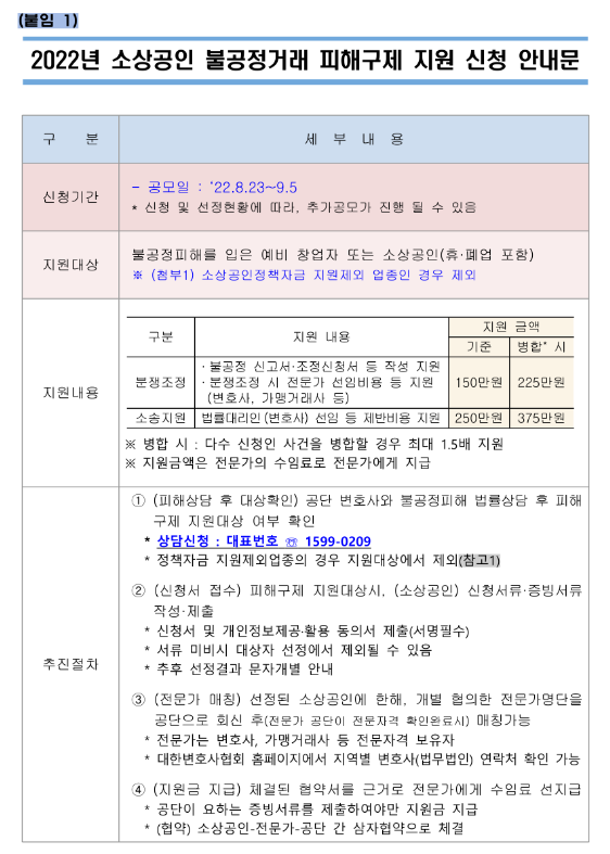 2022년 소상공인 불공정거래 피해구제 지원 신청 안내_중소벤처기업부