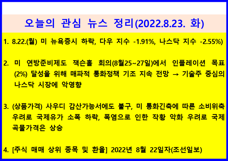  (2022.8.23. 火) 8.22.(월) 미 연준 잭슨홀 회의 시(8/25~8/27)...매파적 통화정책 지속우려 ↦ 미 뉴욕증시 하락(다우 –1.91%, 나스닥 –2.55%)