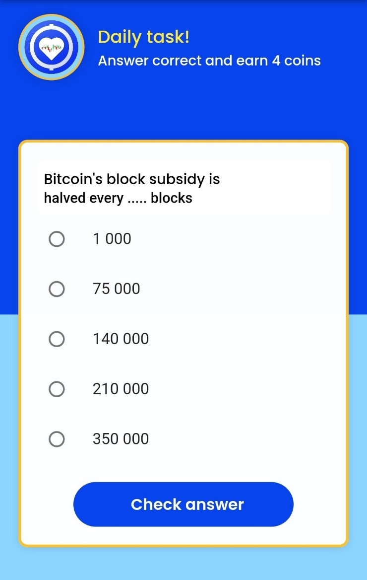 Remint daily tasks(레민트 일일퀴즈) -  Bitcoin's block subsidy is halved every ..... blocks 비트코인의 블록 보조금은