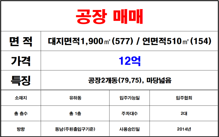  김해장유공장매매,유하동공장매매