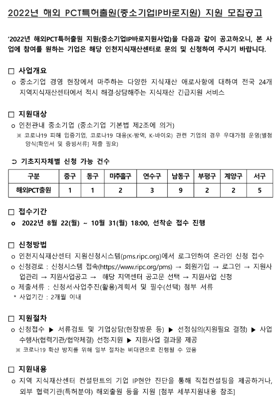 [인천] 2022년 해외 PCT특허출원(중소기업IP바로지원) 지원 모집 공고