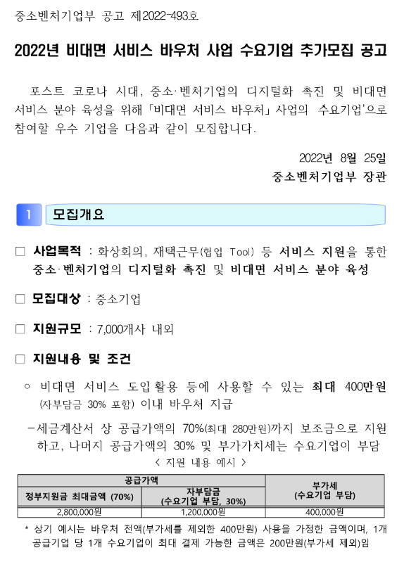 2022년 비대면 서비스 바우처 사업 수요기업 추가모집 공고_중소벤처기업부 2022년 비대면 서비스 바우처 사업 수요기업 추가모집 공고_중소벤처기업부