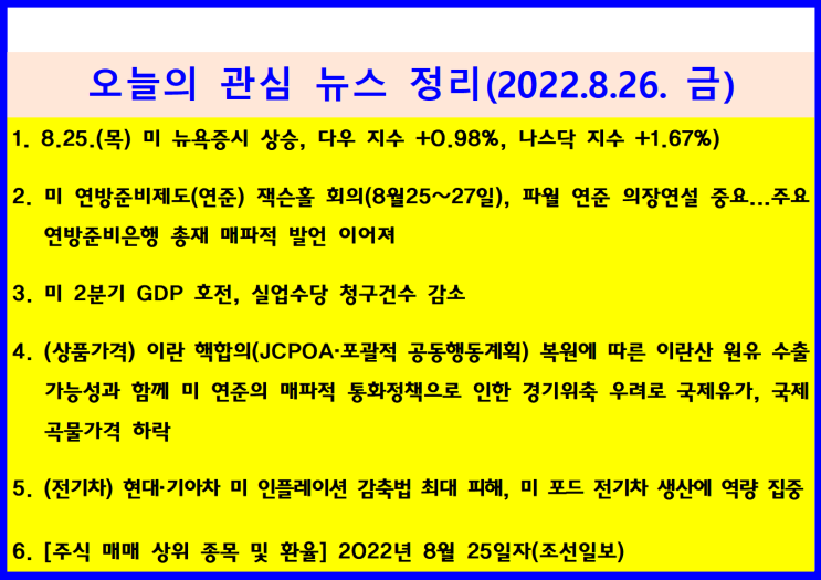 (2022.8.26. 金) 8.25.(목) 미 연준 파월 의장 잭슨홀 연설 時 매파적 발언 경계, 2분기 미 GDP 개선 ↦ 미 증시 상승(다우 +0.98%, 나스닥 +1.67%)