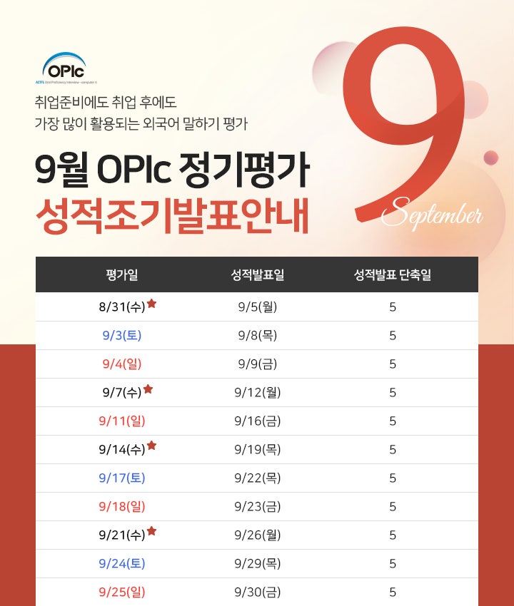 [OPIc] 오픽시험 9월 정기평가 일정 및 성적 조기 발표 안내