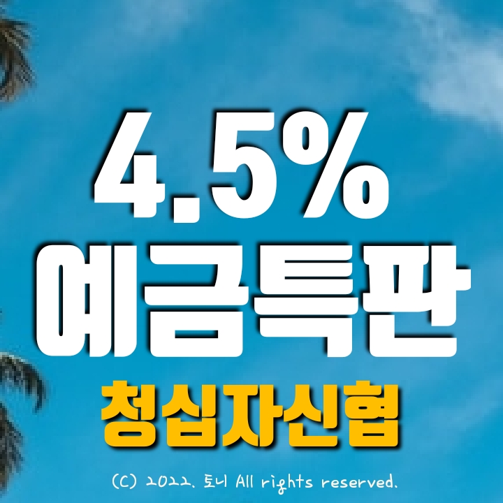 (예금특판) 12개월 연 4.5% 최고금리. 청십자신협. 마감 종료됨. (예금특판) 12개월 연 4.5% 최고금리. 청십자신협. 마감 종료됨.
