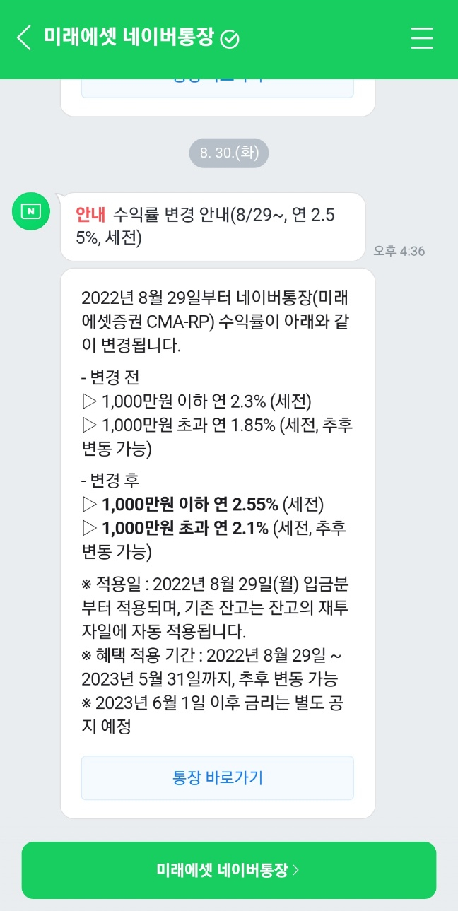 미래에셋 네이버 통장 금리 인상 2.3% → 2.55% (8/29) 미래에셋 네이버 통장 금리 인상 2.3% → 2.55% (8/29)