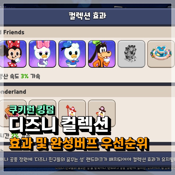  쿠키런 킹덤 디즈니 컬렉션 효과 완성버프 무과금 우선순위는? 쿠킹덤 공략!
