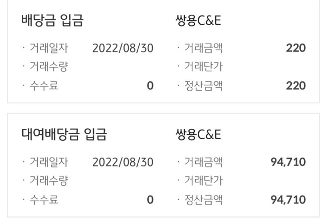  2022년2분기쌍용C&E배당금입금(쌍용씨앤이)