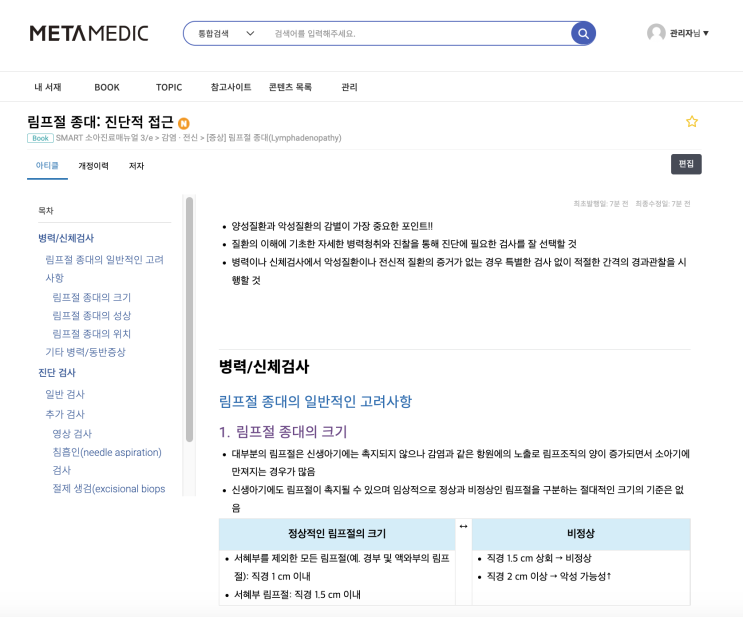  림프절 종대(Lymphadenopathy): 진단적 접근 - 크기, 성상, 위치, 병력, 동반증상, 검사