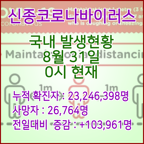  코로나19(코로나바이러스) 8월 31일 0시 신규확진자 103,961명 / 사망자 26,764명