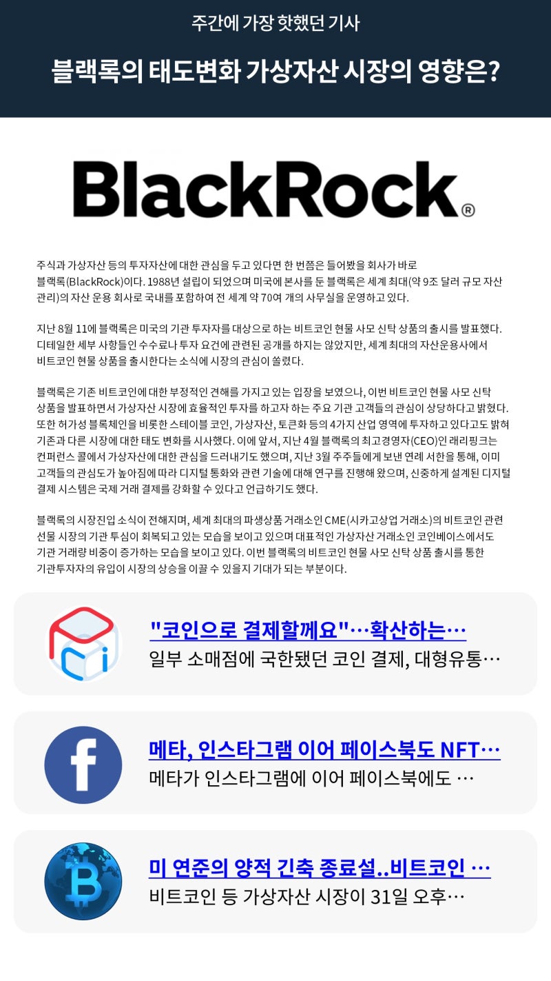 빗썸 위클리리포트] 블랙록의 태도변화 가상자산 시장의 영향은? : 네이버 블로그