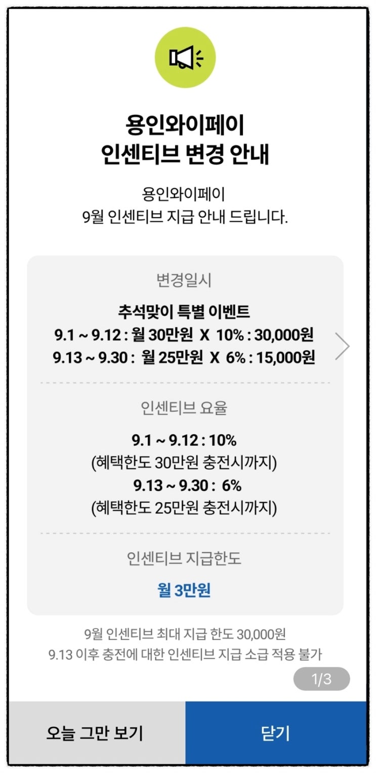  용인 와이페이 지역화폐 9월 추석맞이 인센티브 상향조정