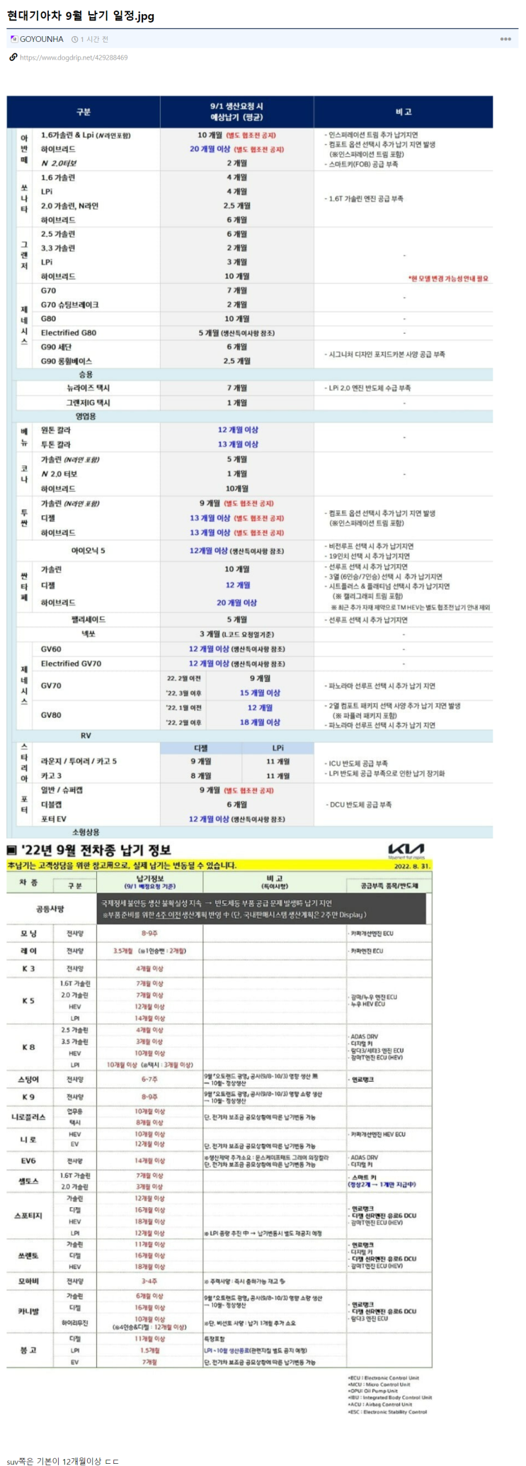  9월 현대기아차 납기일정, SUV 12개월은 기다려야...