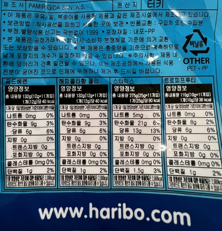  하리보 스타믹스, 골드베렌, 해피콜라, 트로피프루티가 한 팩에 슈퍼 펀 믹스, 각각의 영양성분, 구성, 가격은 ?