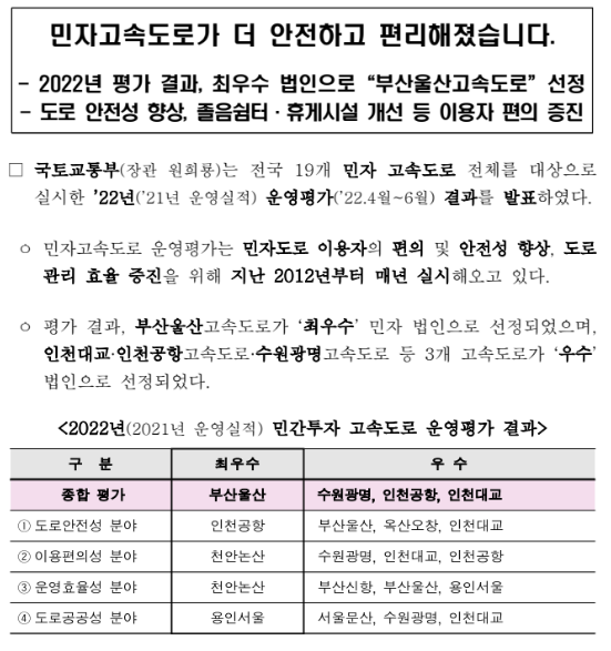 민자고속도로가 더 안전하고 편리해졌습니다(도로 안전성 향상, 졸음쉼터·휴게시설 개선 등 이용자 편의 증진)_국토교통부 민자고속도로가 더 안전하고 편리해졌습니다(도로 안전성 향상, 졸음쉼터·휴게시설 개선 등 이용자 편의 증진)_국토교통부