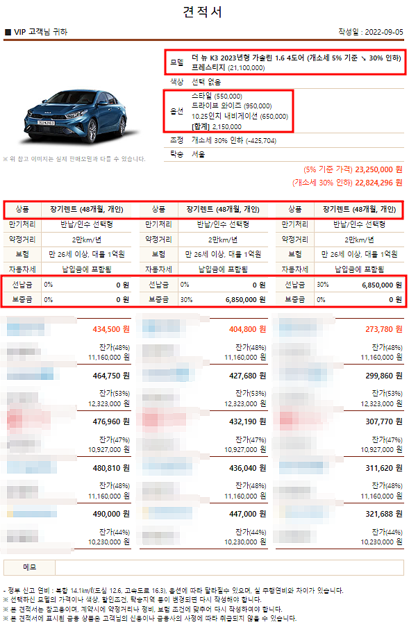 2023 K3 1.6 가솔린 프레스티지 장기렌트 모의견적, 가격표, 9월 생산일정