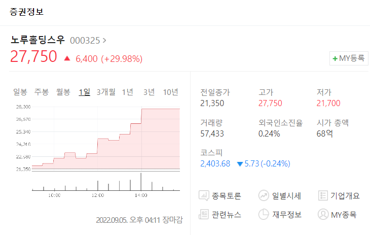  9/5(월) 급등주 기업 분석 <노루홀딩스>