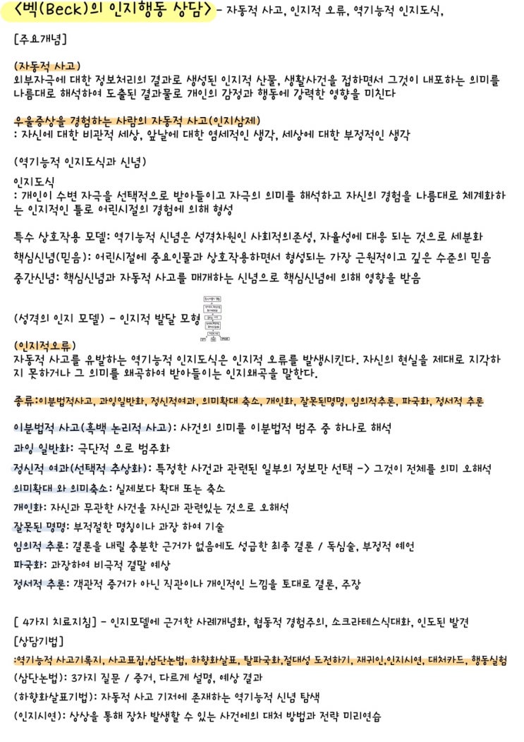  [전문상담] 인지행동 상담이론: 벡(Beck)의 인지행동 상담 요점 정리