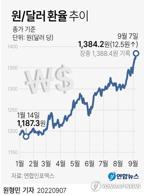 '킹달러' 폭주…환율 1,380원 뚫고 코스피는 2,400 무너져 '킹달러' 폭주…환율 1,380원 뚫고 코스피는 2,400 무너져