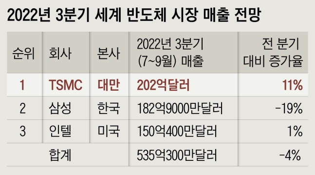 메모리 불황 여파 “대만 TSMC, 삼성 제치고 세계 반도체 1위 전망”