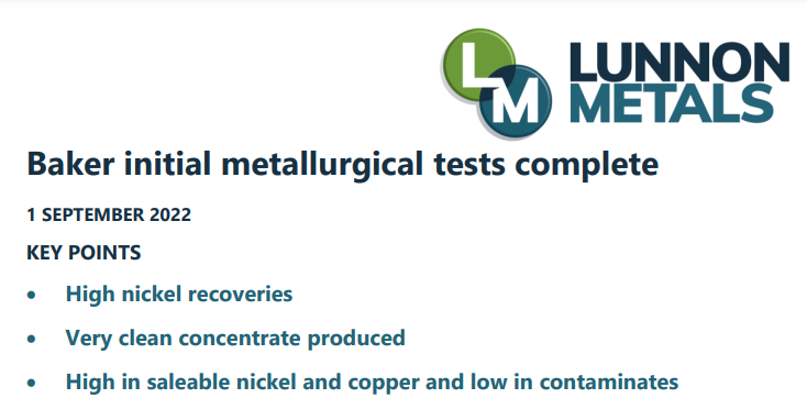 호주 니켈 탐사 회사 LUNNON METALS, Baker Shoot 프로젝트 선광 테스트 정보 공유