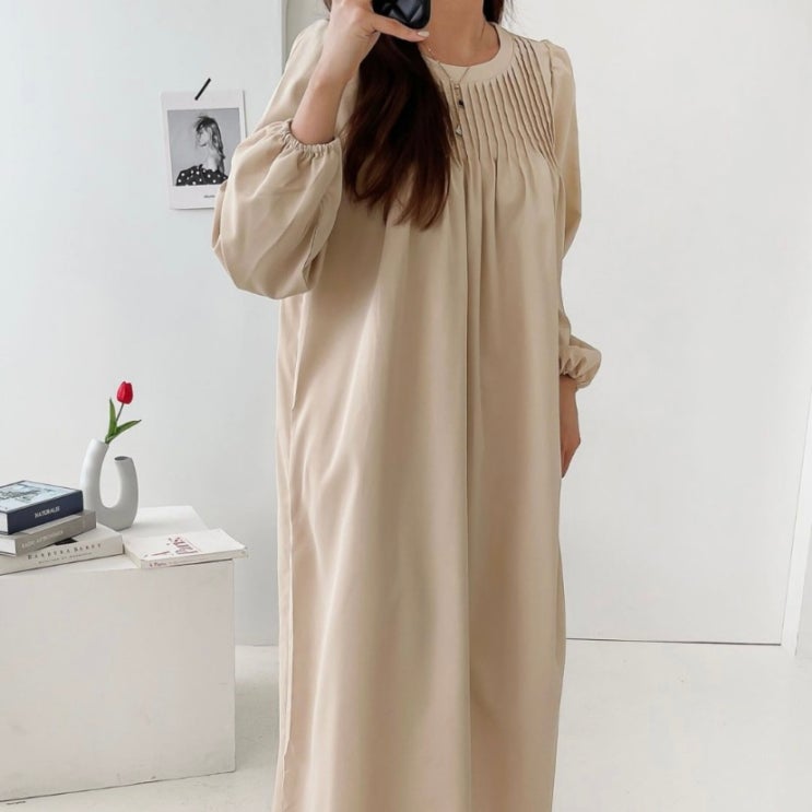  (2COL)루즈핏 핀턱 주름 셔링원피스 맘원피스