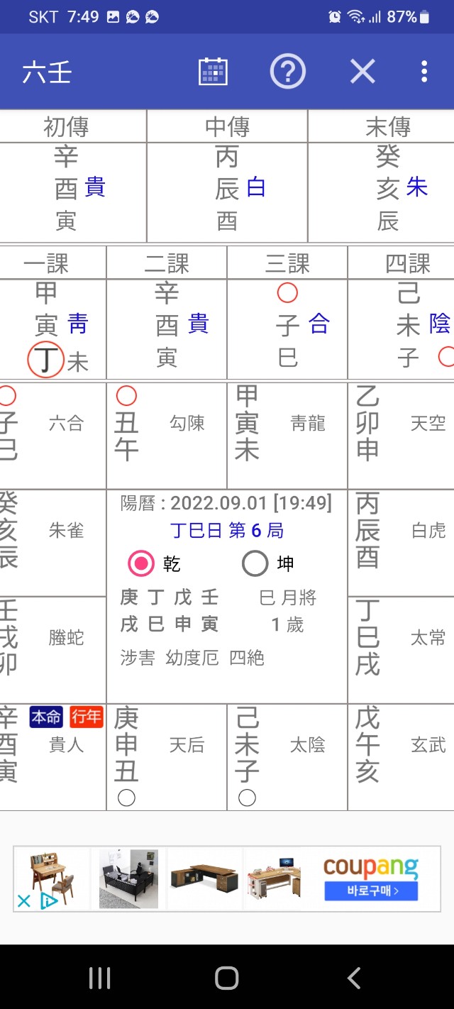  육임 정단. 비가 올까? 우산을 가지고 외출해야 하나? 육임으로 비가올지? 날씨를 정단했다.