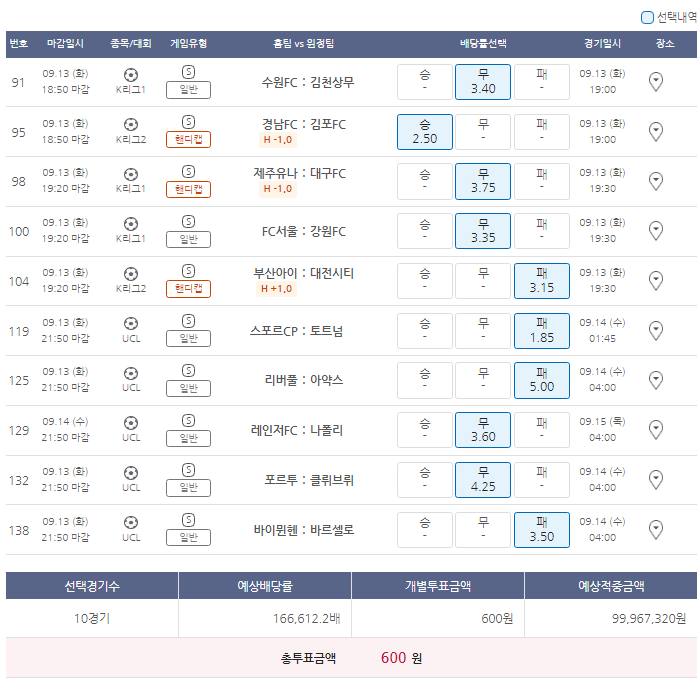  9월13일 K리그1 K리그2 UCL 축구 스포츠 토토 프로토 승부식 75회차 분석 기록용