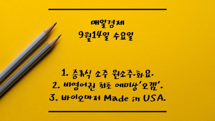 9월14일-2030, 증류식 소주. 文정부, 태양광 조사 불법집행 확인. 돈남아도는 초중고. 비영어권 최초 에미상. 남발 예타면제 손질. 3연속 자이언트스텝 무게. 美,바이오까지.