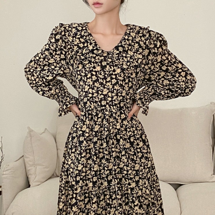  (2COL)프릴 카라원피스 플라워 롱원피스